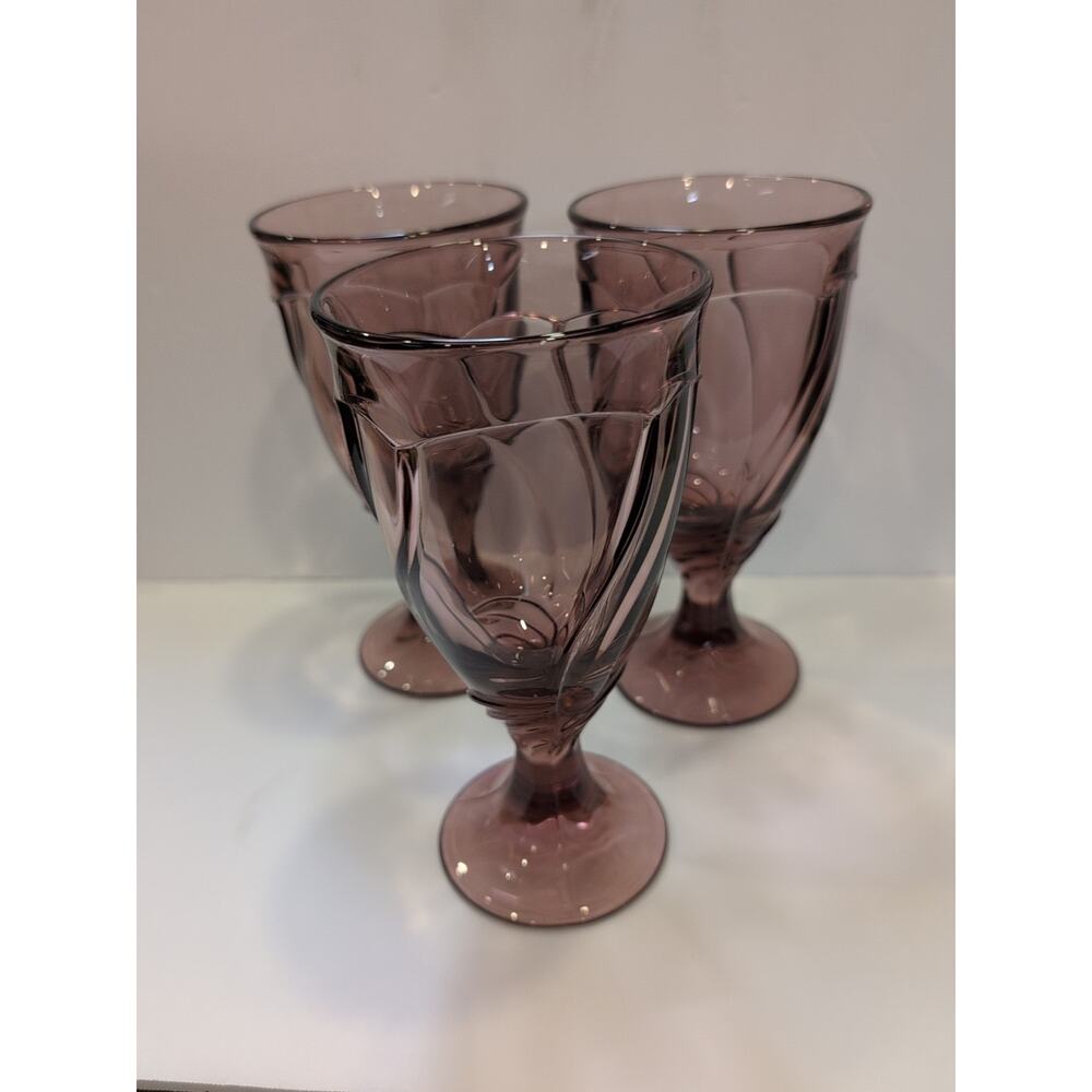 3Noritake Sweet Swirl Cranberry Iced Tea Glass Goblet Stemware 7.5" GLOWS YELLOW